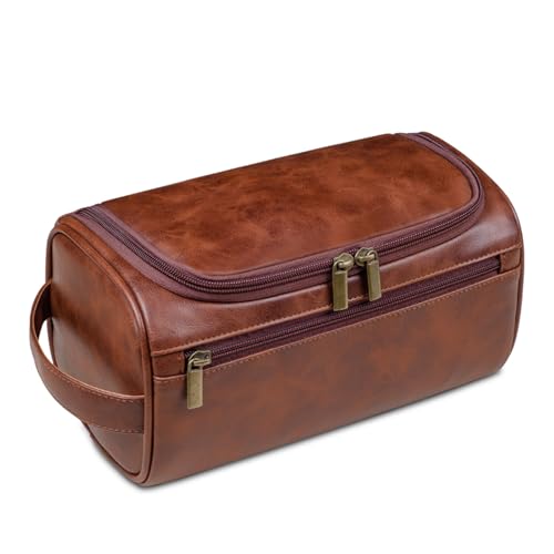 Toiletry Bag for Men,Small Leather Travel Pouch Bag with Hanging hook - color: Deep Brown