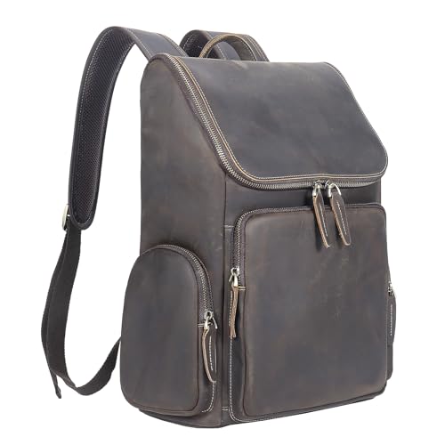 boshiho Genuine Leather Backpack for Men & Women, 13 Inch Laptop Backpack, Water-Resistant Business Travel Backpack, Premium Crazy Horse Leather Work Bag (Dark Brown) - size: L - Brown Crazy Horse Leather
