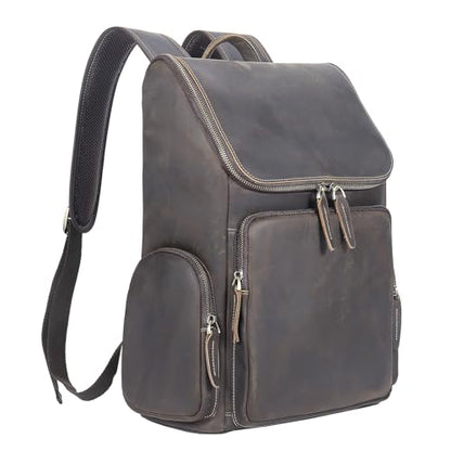 boshiho Genuine Leather Backpack for Men & Women, 13 Inch Laptop Backpack, Water-Resistant Business Travel Backpack, Premium Crazy Horse Leather Work Bag (Dark Brown) - size: L - Brown Crazy Horse Leather