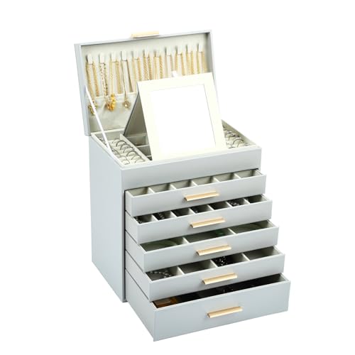 BOOVO Jewelry Boxes for Women, White and Black 6 Layer Large Jewelry Box for Necklace, Bracelet, Earrings, Rings Storage, Jewelry holder Organizer for Girls Gift (Grey and Gold, 6 layer) - color: Grey and Gold, size: 6 layer