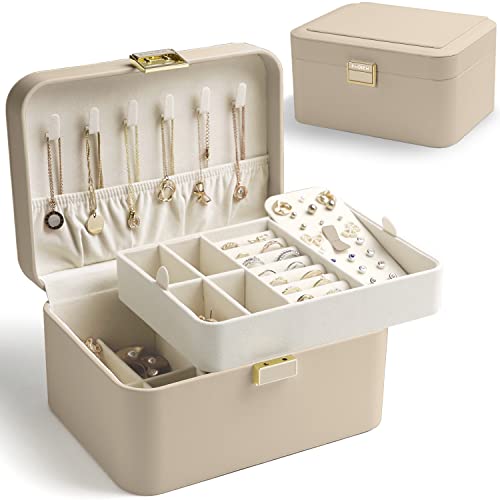 KAMIER Jewelry Organizer,2 Layer Jewelry Organizer Box for Earrings Bracelets Rings Necklaces,Luxury Leather & Soft Velvet Lined,Gift Box Packaging,Beige - color: Beige without mirror, size: without mirror