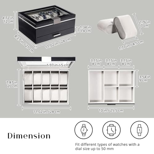 ProCase Watch Case for Women, Valentine Gifts, 10 Slot Watch Display Case with Drawer, 2-Layer Womens Watch Box, 10 Watch Box Organizer, Jewelry and Watch Holder Storage Case with Glass Lid -Black - color: Black