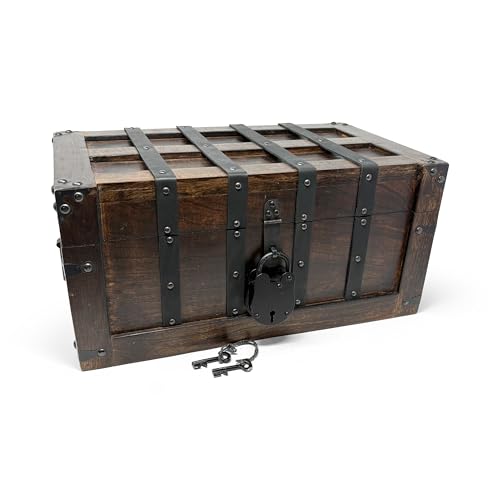 Nautical Cove Deluxe Handmade Rectangular Wooden Treasure Chest – Flat Lid Design with Real Leather Accents, Working Iron Lock & Skeleton Keys, Decorative Storage Box (X-Large - 17 x 10 x 8) - size: X-Large 17 x 10 x 8