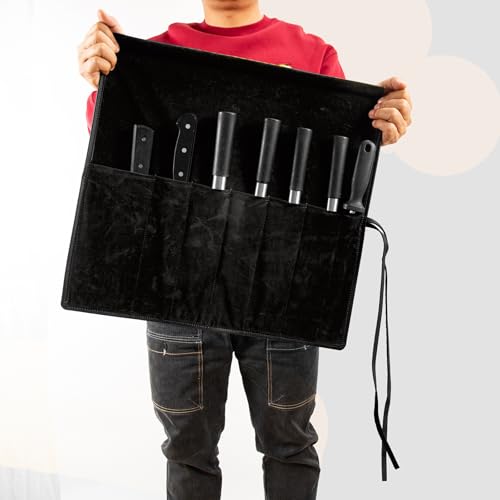 Genuine Leather Knife Roll, Knife Bags for Chefs Professional | Small Chef'S Knife Case Holder, Knives Holders Protectors with 7 Slots - color: 7 Slots Black