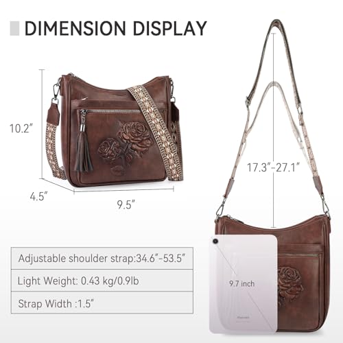 Medium Crossbody Bags for Women,Vegan Leather Hobo Purses Embossed | Women's Shoulder Handbags with Adjustable Boho Strap for Daily Travel Lightweight Cross body Purses with Multi Pockets - color: 03-coffee
