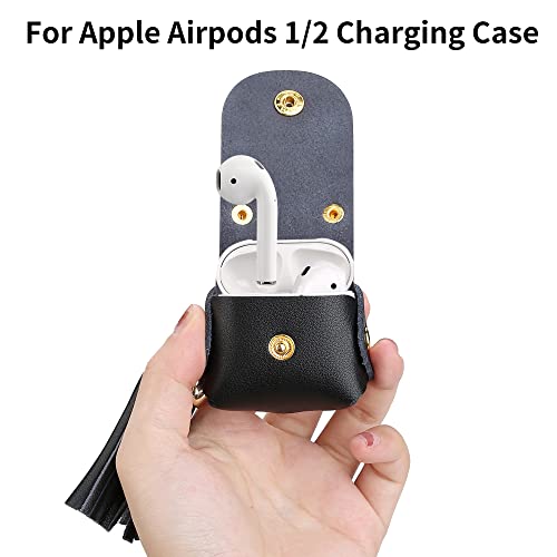 MODOS LOGICOS Charging Case Cover for Apple Air Pods, Genuine Leather Case with a Couple of Drooping Tassels for Apple AirPods 1/2 Charging Case - Black - color: Black(genuineleather)