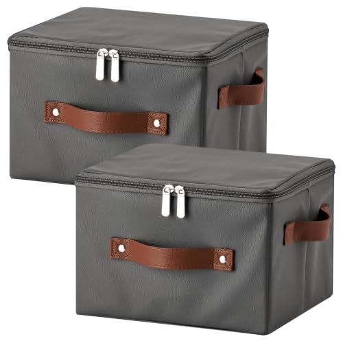 2PCS Storage Bins with Zipper Lid PU leather Storage Boxes Leather Fabric Collapsible Lidded Baskets Cube with Handle Decorative Shelves Closet Organizer Container(Dark Gray, Small Size) - color: Dark Gray, size: Small(set of 2)