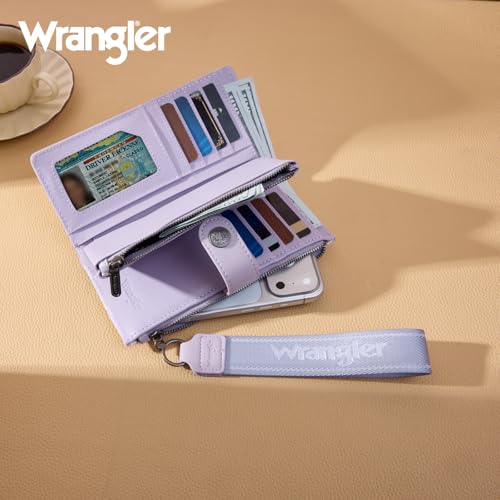 Montana West X Wrangler Wristlet Wallet for Women Daisy Floral Wallet Large Capacity Clutch Wallets with Smooth Zipper and ID Window - color: Daisy-Purple
