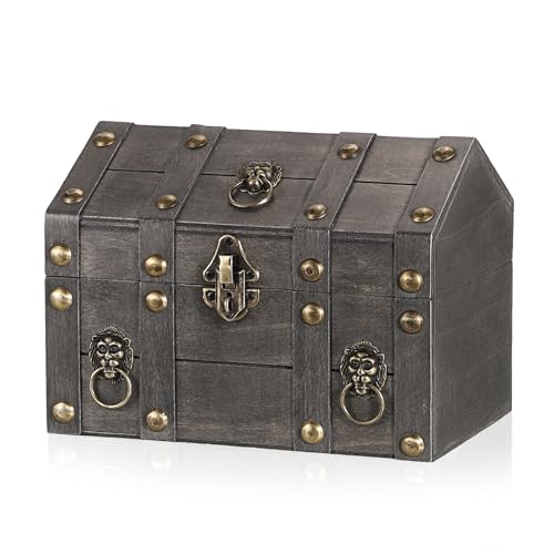 ELLDOO Vintage Treasure Chest Box, Pirate Keepsakes Box for Kids Gifts Pirate Theme Party, Wooden Treasure Storage Box Decorative Box for Jewelry Pearl Trinkets, Vintage Grey - color: Vintage Grey