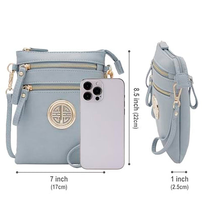 Small Multi Zipper Pockets Crossbody Bag with Detachable Wristlet - color: Blue Grey
