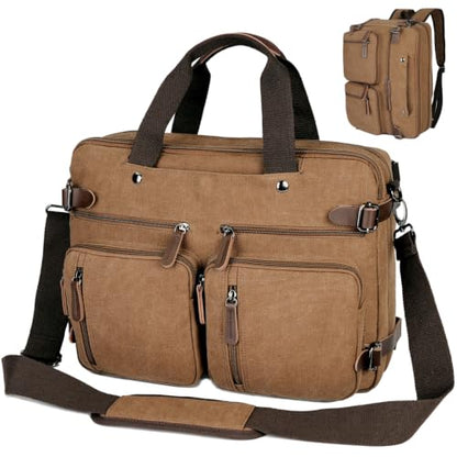 CROCOD 3 In 1 Canvas Convertible Laptop Bag for Men Women, 17.3 inch Laptop Messenger Bag Work Briefcase, Computer Shoulder Bag for Travel Business Office (17.3 Inch, Coffee) - color: Coffee