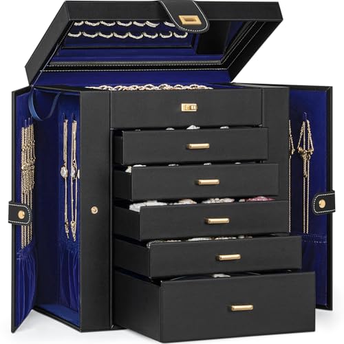 AKOZLIN 6-Tier Jewelry Box Organizer Functional 5 Drawers Leather Jewelry Storage Case for Women Girls Ring Necklace Earring Bracelet Holder Organizer with Mirror Extra Large BlackBlue - color: Black Blue, size: Extra Large