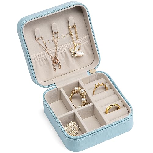 VLANDO Travel Jewelry Case, Compact Design, Necklace Hook, Anti-Tangle | Removable Dividers, Waterproof PU Leather, Scratch-Resistant Lining, Portable Storage for Rings, Earrings, Necklace，Bracelet - color: C.Blue