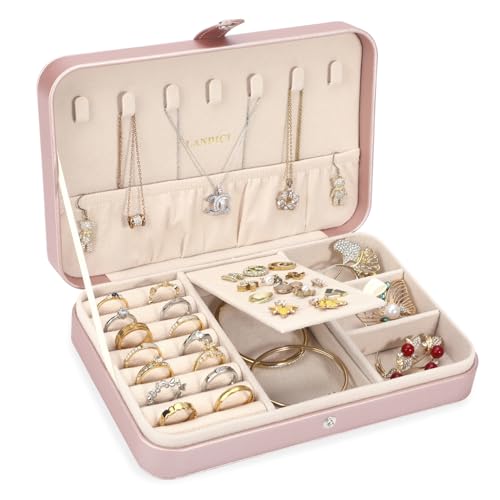 LANDICI Small Jewelry Box for Women Girls, PU Leather Travel Jewelry Case, Portable Jewelry Organizer Storage Holder Display for Ring Earrings Necklace Bracelet Women Kids Gift, Rose Gold - color: Rose Gold