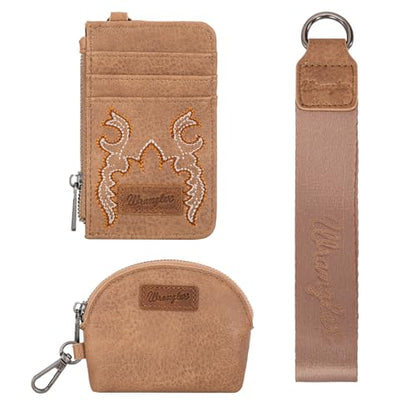 Wrangler Keychain Wristlet Wallets for Women Western Dual Pouch Wristlet Credit Card Holder Wallet - color: B-khaki