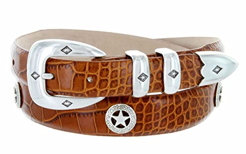 S5514 Genuine Full-Grain Cowhide Leather Designer Dress Belt 1-1/8"(30mm) taper down to 1"(25mm) wide - color: Style A- Silver Star-alligator Tan, size: 42