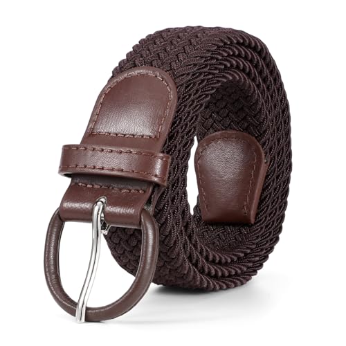 JASGOOD Women Braided Woven Elastic Stretch Belt Leather Covered Buckle Canvas Plus Size Belt for Jeans Pants - color: Coffee, size: Fit Size 33"-36"