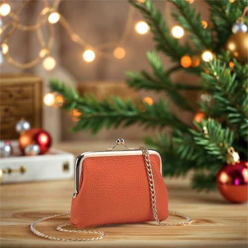 Leather Coin Purse for Women – Small Credit Card Holder with Chain, Mini Crossbody Wallet for Cash & Change - color: Orange