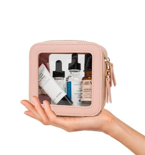 Clear Makeup Bag Sunscreen Bag Small Mini Travel Toiletry Bag Cosmetic Organizer,TSA Approved Waterproof PU Leather Portable Cosmetic Pouch for Summer Beach Vacation,Pool &Gym(Mini Pink) - color: Pink, style: Mini