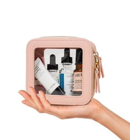 Clear Makeup Bag Sunscreen Bag Small Mini Travel Toiletry Bag Cosmetic Organizer,TSA Approved Waterproof PU Leather Portable Cosmetic Pouch for Summer Beach Vacation,Pool &Gym(Mini Pink) - color: Pink, style: Mini