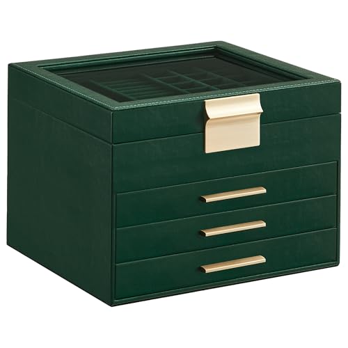SONGMICS Jewelry Box Organizer, 4-Layer Storage with 3 Drawers, Glass Lid | Jewelry Organizer for Earrings, Modern Style, 8 x 9.1 x 6.5 Inches, Forest Green and Gold, GISELLA Collection UJBC173C01 - color: Forest Green + Gold, size: 4 Layer (8"d X 9.1"w)