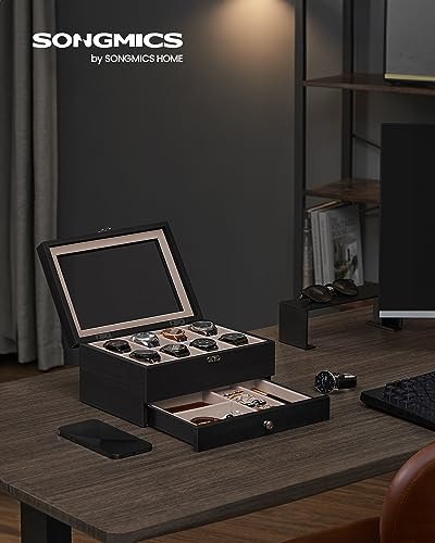 SONGMICS 8-Slot Watch Box, 2-Tier Watch Display Case with Large Glass Lid, Removable Pillows, Velvet Lining, Jewelry Box, Gift Idea, Ebony Black UJOW008B01 - color: Ebony Black, size: 2 Layer 8 Slot
