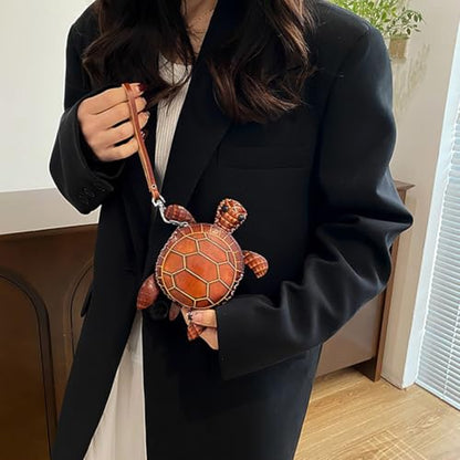 3D Turtle Shaped Leather Coin Purse, Cute Animal Wristlet Pouch for Change, Cards &Keys, Novelty Cartoon Mini Clutch Handbag (Brown) - color: Brown