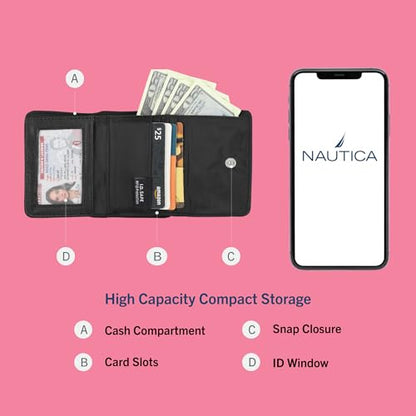 Nautica Rower’s End Small Wallet for Women, RFID Blocking Slim Credit Card Holder with Zipper Coin Pocket, Bifold Compact Womens Wallet with ID Window, Wave Dreamer Black/Chalk - color: Wave Dreamer Black/Chalk