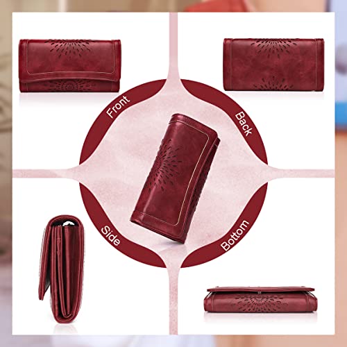APHISON Womens Wallets RFID Blocking Leather Clutch Long Wallet for Women Card Holder Phone Organizer Ladies Travel Purse Hollow Out Sunflower Design Gift - color: red