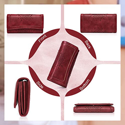 APHISON Womens Wallets RFID Blocking Leather Clutch Long Wallet for Women Card Holder Phone Organizer Ladies Travel Purse Hollow Out Sunflower Design Gift - color: red
