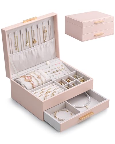 Lolalet 2-Layer Jewelry Box Organizer Holder for Women Girls Mom -Pink | Jewelry Storage Case with Drawers for Necklaces Ring Earrings Bracelet Watch, Gifts Choice for Mom Mother’s Day - color: Pink, size: 2-Layer