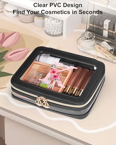 Relavel Personalized Initial Clear Makeup Bag, PU Leather Waterproof Travel Toiletry Bag with Zipper, Portable Skincare Pouch Car Organizer Bag, Idea Gifts for Women Girls, Black I - size: Medium, style: I