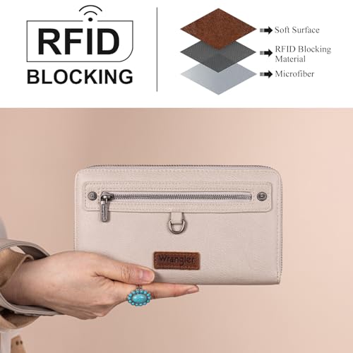 Montana West X Wrangler Large Wallet For Women Ladies Female Double Zipper Pocket Wallet with Rfid Blocking Lining Phone Wristlet Clutch with Smooth Zipper and Multiple Pocket - color: Light Gray