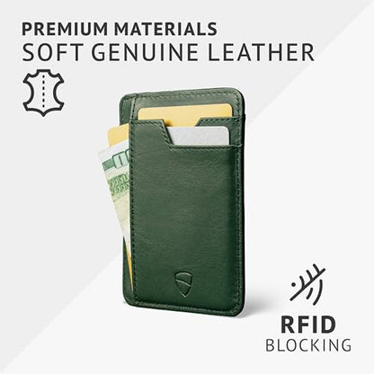 Vaultskin BRIXTON Slim Top-Grain Leather Card Wallet with ID Window, RFID | Small thin minimalist front pocket credit and cash holder case for men, women and ladies, scan-proof blocking, everyday carry - color: Hunter Green