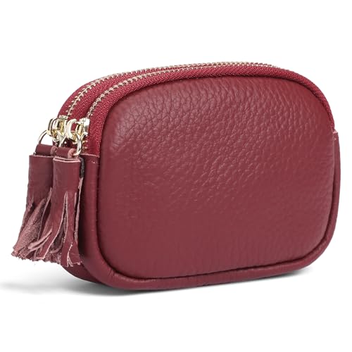 SENDEFN Coin Purse Keychain Small Genuine Leather Women Wallet 2 Zippers Around Key Ring Change Pouch Cash Holder - color: 3-Red