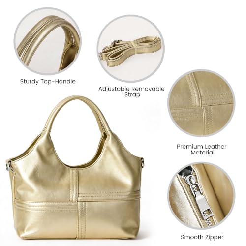 KOGTLA Medium Vegan Leather Purses for Women with Detachable Satchel Strap, Ladies Handbags, Tote Hobo Bags with Two-Handle - color: Gold
