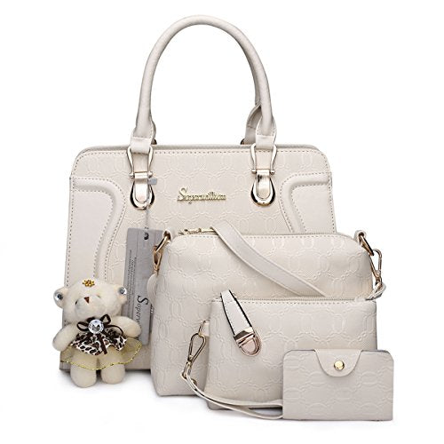 Women's Fashion Handbag Tote Bag Shoulder Top Handle Satchel Purse Set 4pcs | Stylish Style,Chain Texture Design,Ample Space,Bear Doll Decoration,with a Crossbody Strap - color: B-beige