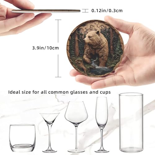 Bear Coasters for Drinks with Holder Round Leather Coasters Set of 6 Cups Mugs Mat Pad for Home Kitchen Bar - color: Bear