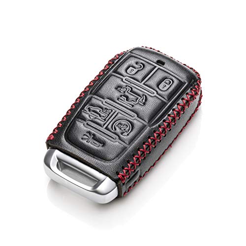 Vitodeco Genuine Leather Smart Key Fob Case Cover Protector Compatible with RAM 1500, RAM 2500, RAM 3500 2019 - 2026 (6-Button, Black/Red) - color: Black/Red, size: 6-Button