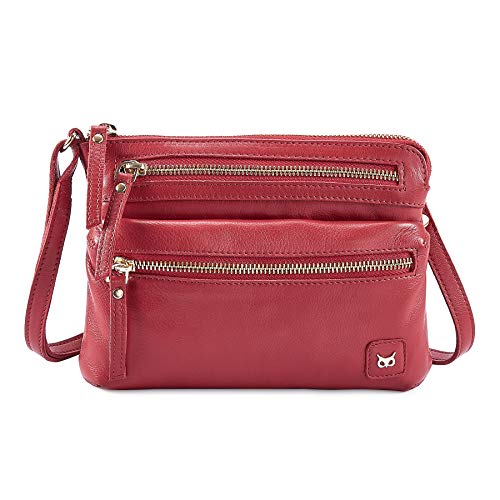 Small Leather Crossbody Bag for Women Adjustable Sling Purse Multi Pocket - color: Red Nappa