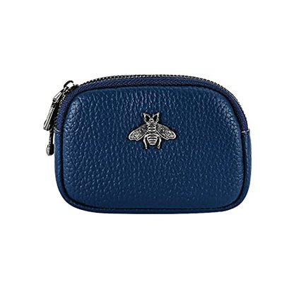Genuine Leather Coin Purse for Women Small Double Zipper Wallet Mini Change Pouch with Bee Charm for Cash Cards Keys Cute Compact Organizer (Royal Blue) - color: Royal Blue
