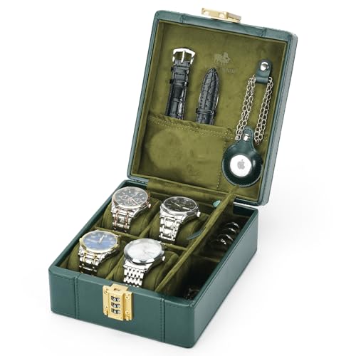 BISON DENIM Watch Box, 4 Watch Travel Case with Combination Lock - PU Leather Men's Watch Storage Box & Jewelry Organizer with Ring Slots & Necklace Hooks, Secure Travel Case - color: Green