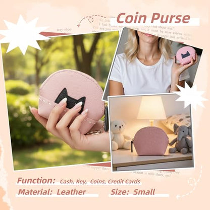 Cute Cat Small Coin Purse for Women - Credit Card Holder with Zipper Fashion Leather Compact Wallet Change Purse for Cash Key (Pink)