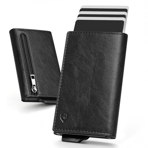 YESIIW RFID Blocking Wallet for Men — Trifold Pop Up Card Holder Holds 8–11 Cards & 10 Bills, Premium Leather Slim Wallet with Magnetic Closure & Zippered Coin Pocket | Birthday Gift for Men - color: A01-Black
