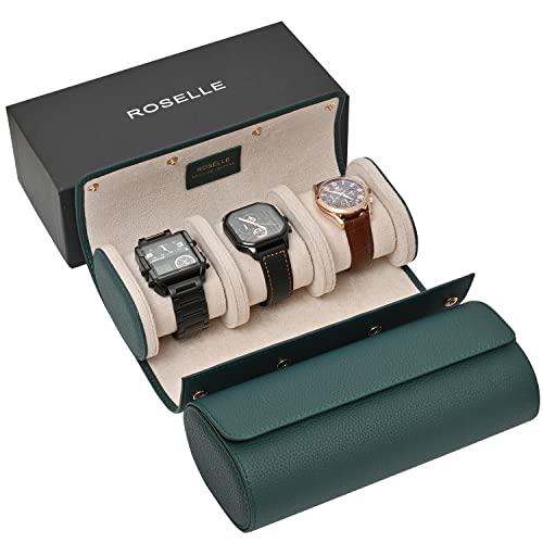 Genuine Leather Watch Roll Travel Case - Watch Roll Case For 3 Watches | Luxury Lining - Protect, Travel,Store,Gift & Display Fine Watches (3 slot Green) - color: Green/ White-3