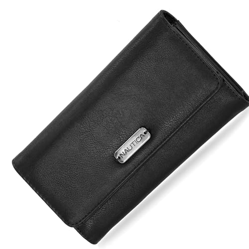 Nautica Money Manager Womens Slim RFID Blocking Wallet, Small Bifold Credit Card Holder with Zipper Coin Pocket and ID Window - color: Black (Buff)