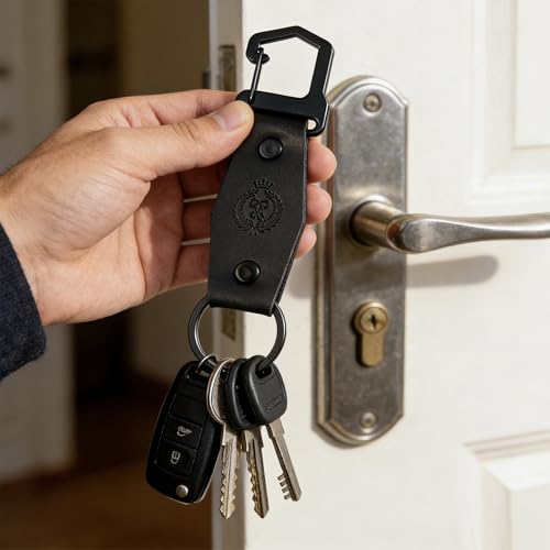 Genuine Leather Keychain Handmade Car Keychain Leather Key Chain Solid Metal Key Keeper Belt Loop Key Ring Holder - color: Black-style2