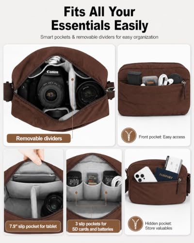 FHELAD Small Crossbody Bag for Women, Compact Puffer Camera Bag With Padded and Theft Zipper for Photographer, Travel (Coffee) - color: Coffee
