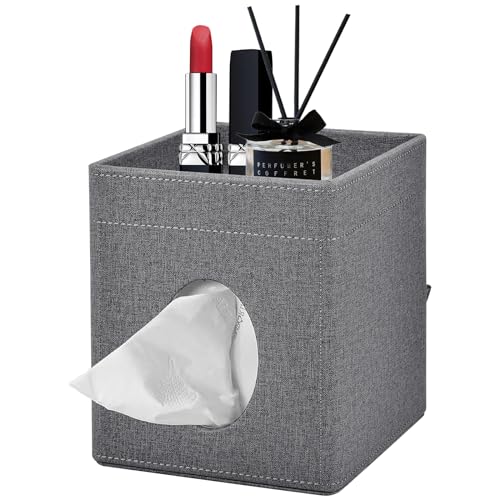 Tissue Box Cover with Storage Tray Square Tissue Box Holder PU Leather Facial Tissues Organizer Tray for Bathroom Vanity Bedroom Office Car,Stylish Napkin Caddy Decorative Organizer (Grey) - color: Grey