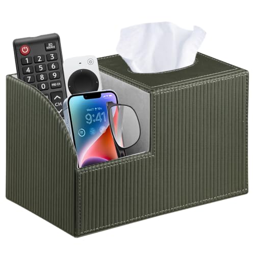 PU Leather Square Tissue Box Cover - Multi-Functional Tissue Box Holder | Tissue Box Cover with Storage,Tissue and Remote Control Holder,Cube Tissue Box Organizer Bedroom Nightstand End Table - color: Green